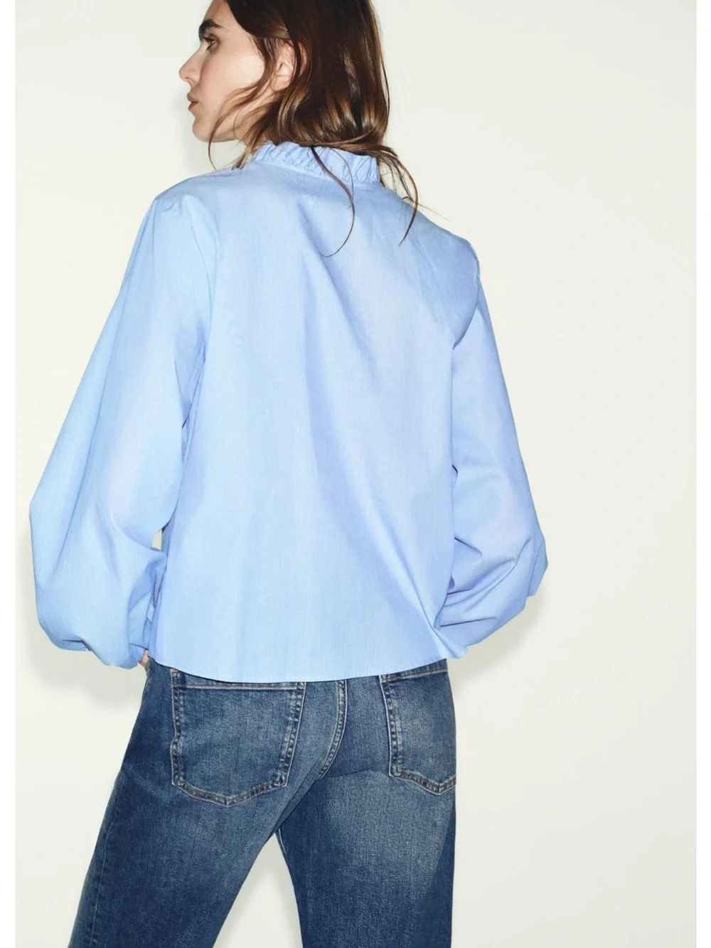 NWT ZARA Light Blue Ruffle-Front Women's Top Size Small